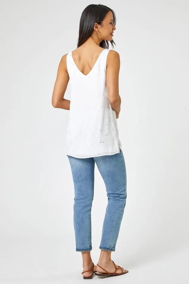 Ivory Foil Print Button Detail VNeck Top Women Roman Tops