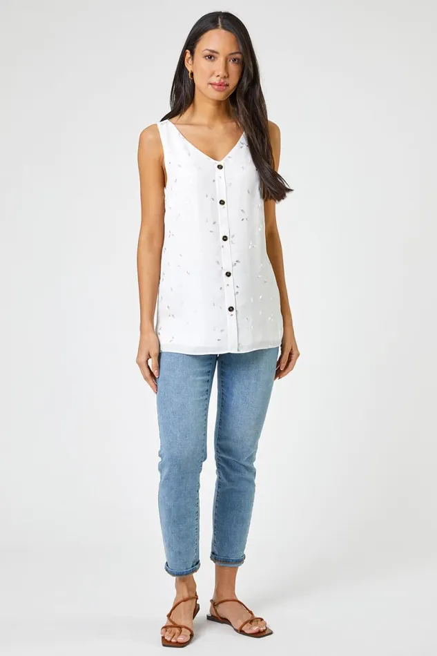 Ivory Foil Print Button Detail VNeck Top Women Roman Tops