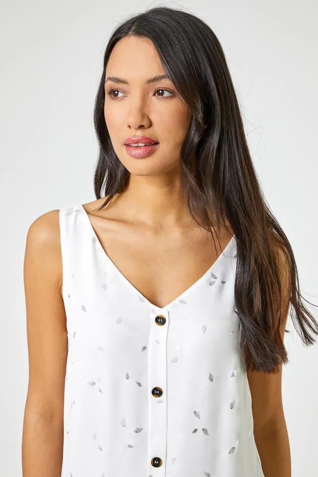 Ivory Foil Print Button Detail VNeck Top Women Roman Tops