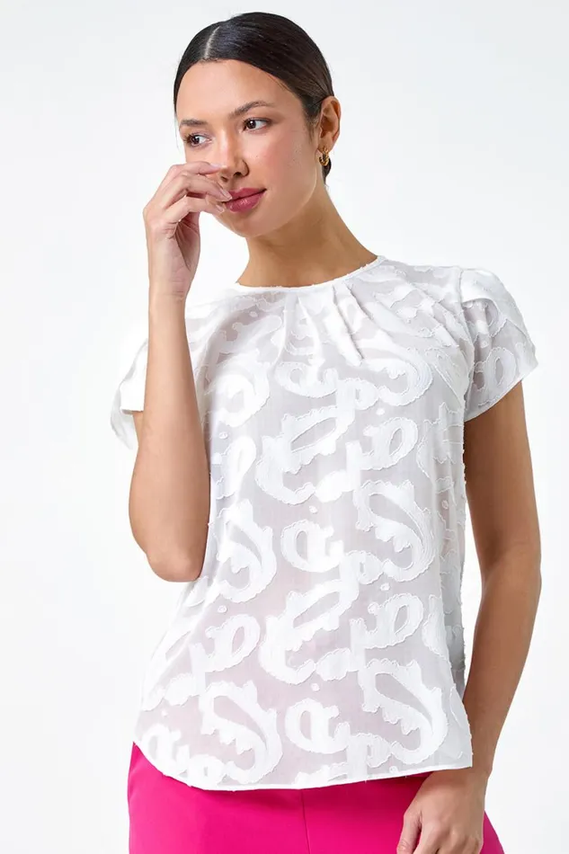 Ivory Jacquard Paisley Print Top Women Roman Tops