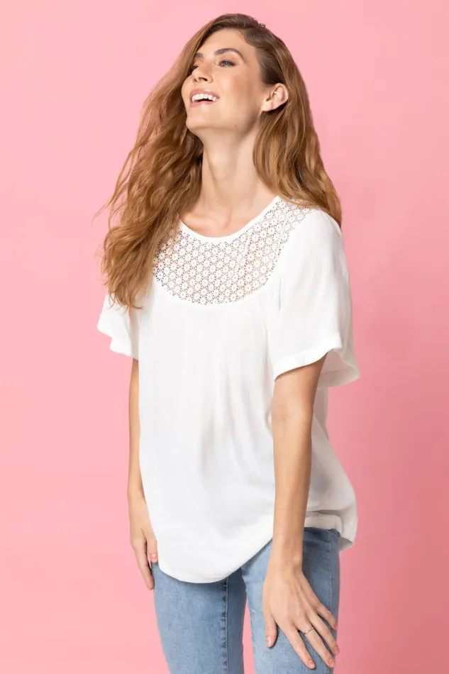 Ivory Lace Panel Tunic Top Women Roman Tops