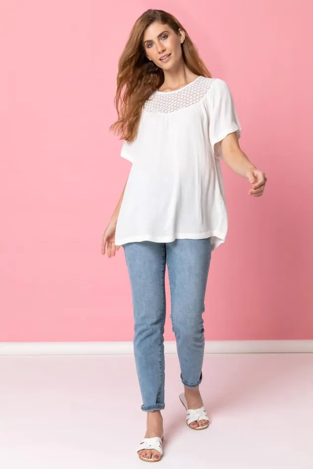 Ivory Lace Panel Tunic Top Women Roman Tops
