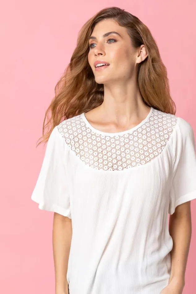 Ivory Lace Panel Tunic Top Women Roman Tops