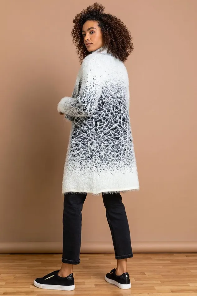 Ivory Mosaic Print Fluffy Cardigan Women Roman Knitwear