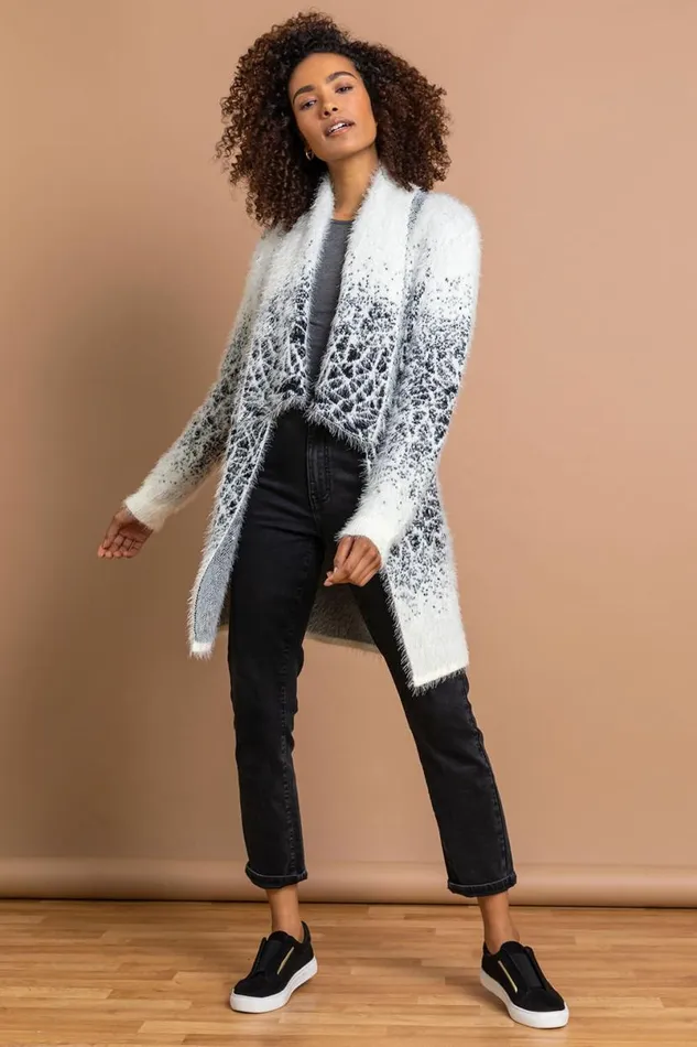 Ivory Mosaic Print Fluffy Cardigan Women Roman Knitwear