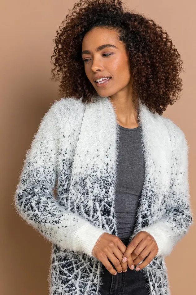 Ivory Mosaic Print Fluffy Cardigan Women Roman Knitwear