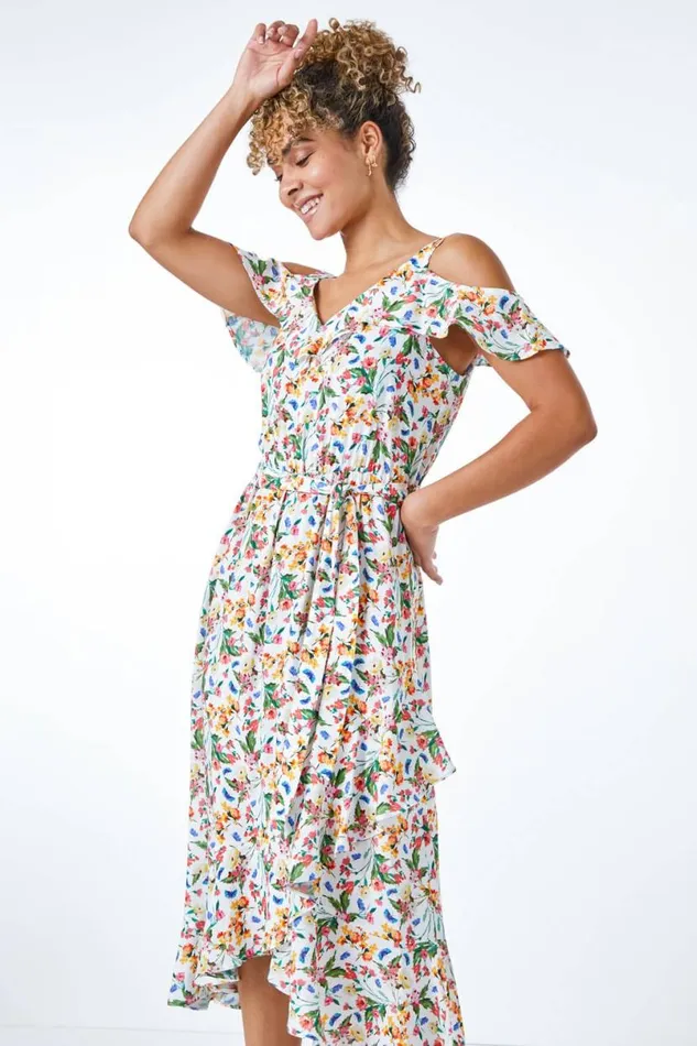 Ivory Petite Floral Print Cold Shoulder Midi Dress Women Roman Dresses