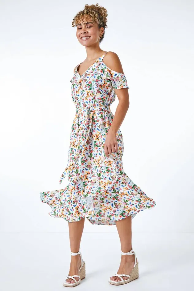 Ivory Petite Floral Print Cold Shoulder Midi Dress Women Roman Dresses