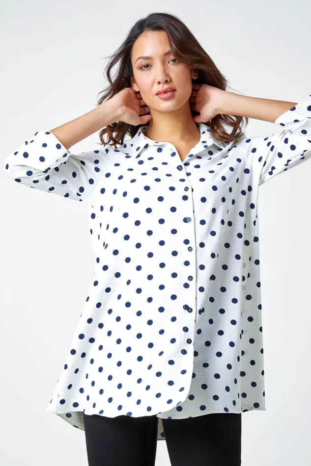 Ivory Polka Dot Longline Swing Shirt Women Roman Tops