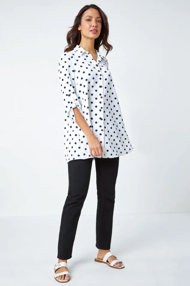 Ivory Polka Dot Longline Swing Shirt Women Roman Tops