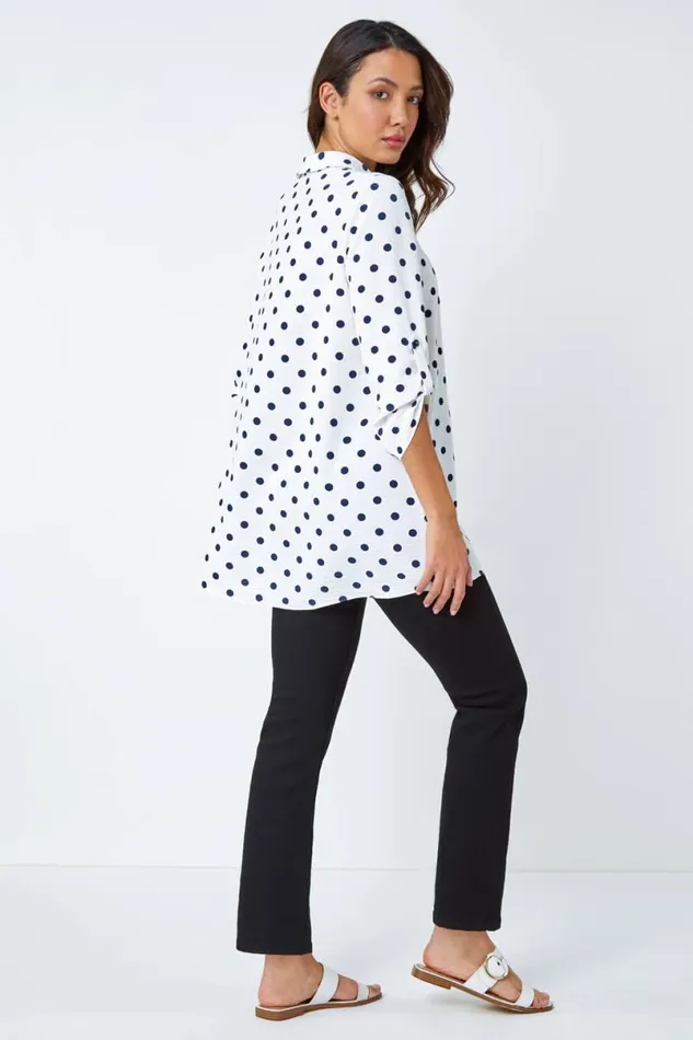 Ivory Polka Dot Longline Swing Shirt Women Roman Tops