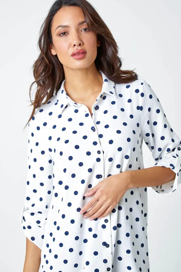 Ivory Polka Dot Longline Swing Shirt Women Roman Tops