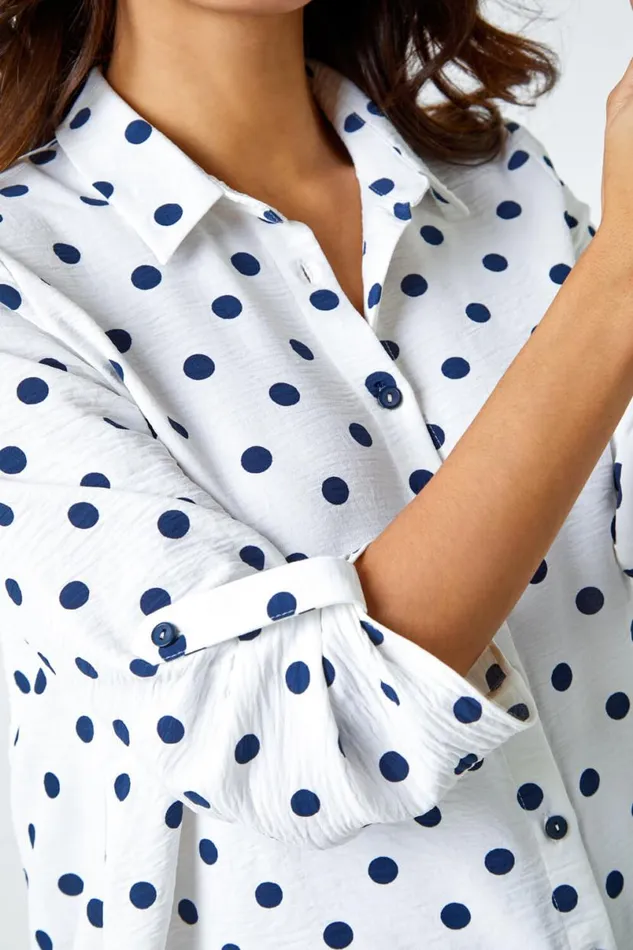 Ivory Polka Dot Longline Swing Shirt Women Roman Tops