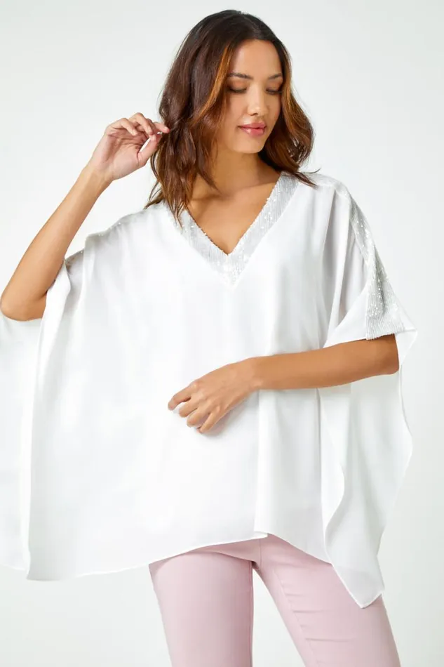 Ivory Sequin Embellished Trim Chiffon Overlay Top Women Roman Tops