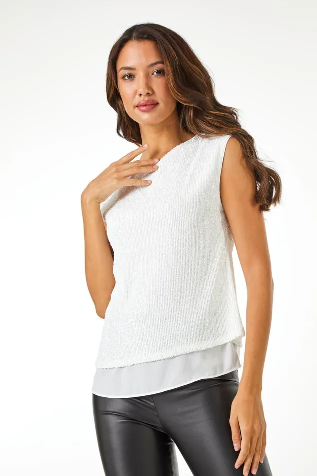 Ivory Sequin Tie Back Detail Top Women Roman Tops