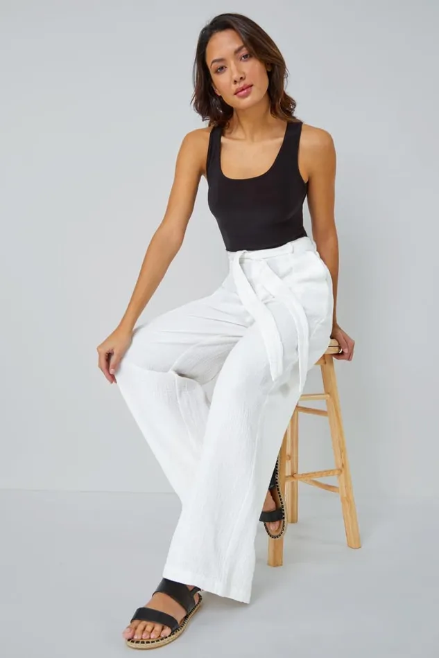 Ivory Textured Cotton Wide Leg Trousers Women Roman Trousers