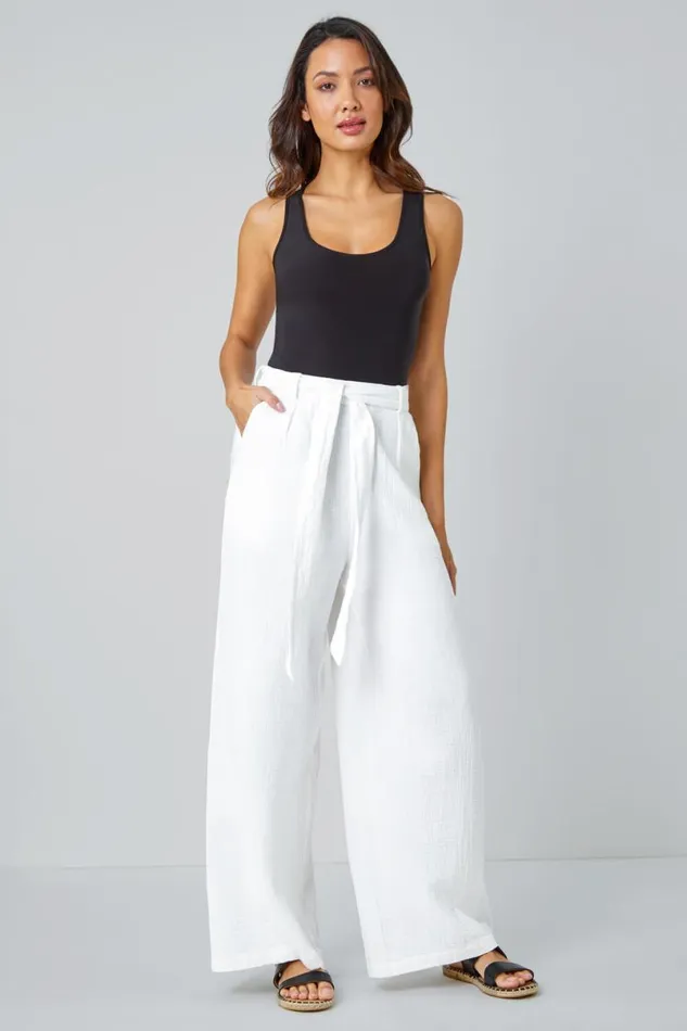Ivory Textured Cotton Wide Leg Trousers Women Roman Trousers