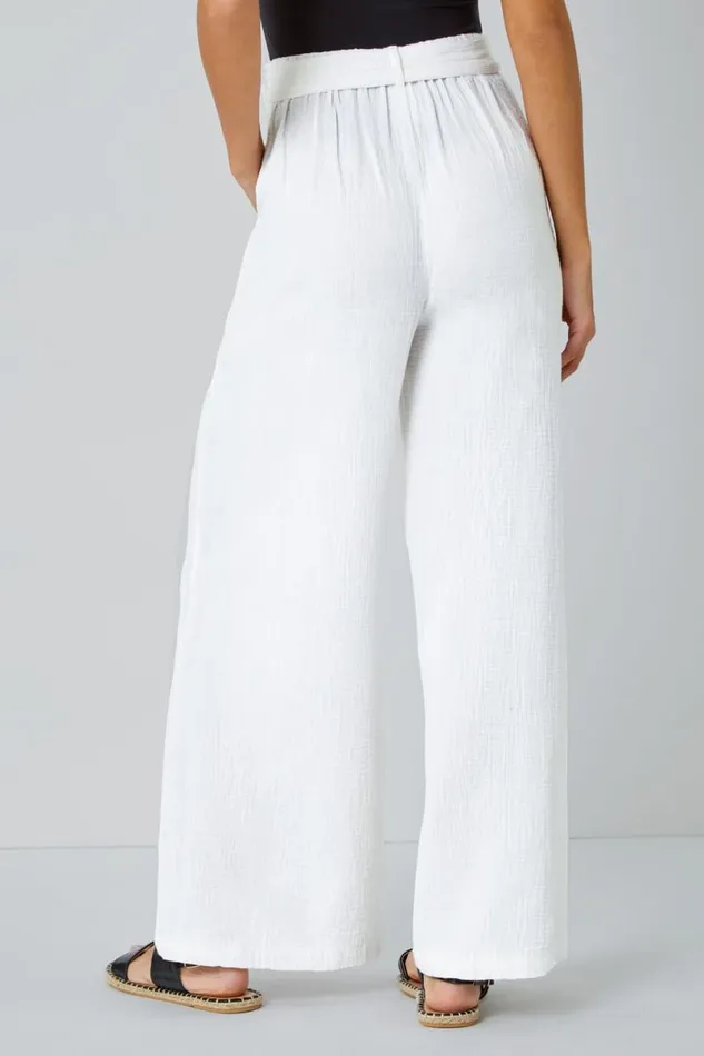 Ivory Textured Cotton Wide Leg Trousers Women Roman Trousers