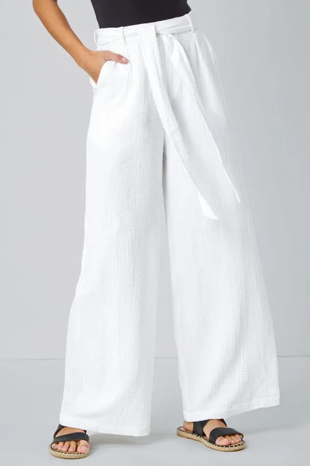 Ivory Textured Cotton Wide Leg Trousers Women Roman Trousers