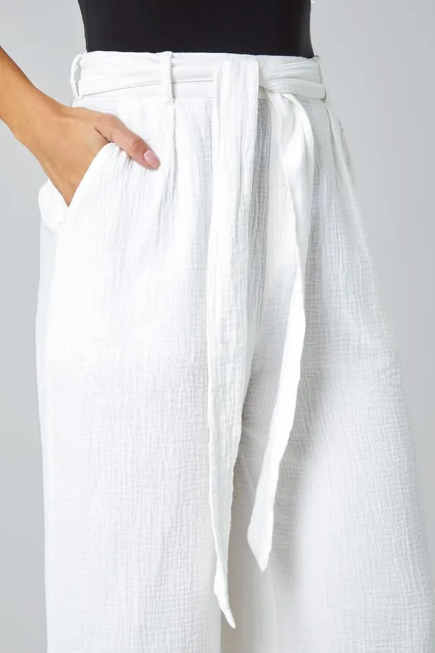 Ivory Textured Cotton Wide Leg Trousers Women Roman Trousers