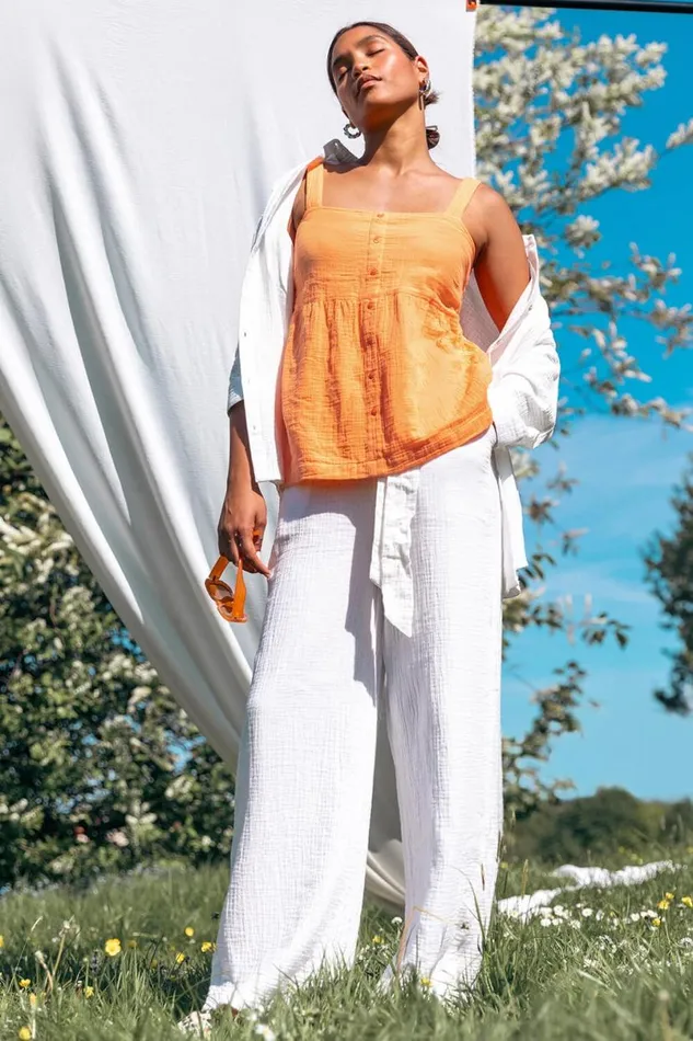 Ivory Textured Cotton Wide Leg Trousers Women Roman Trousers