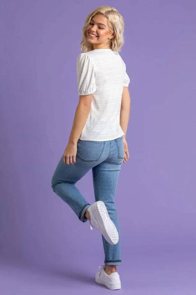Ivory Textured Puff Sleeve Jersey Top Women Roman Tops