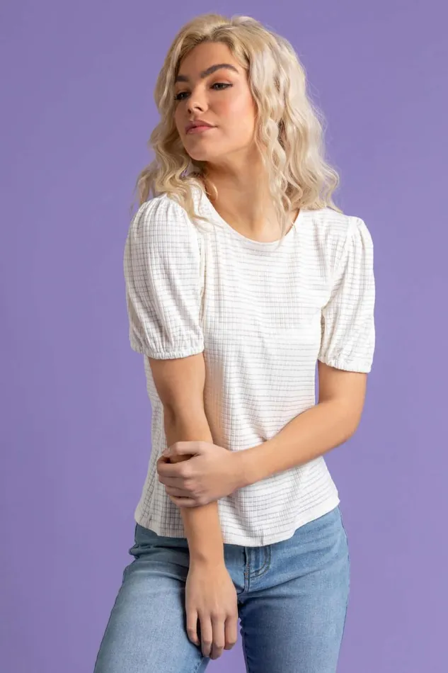 Ivory Textured Puff Sleeve Jersey Top Women Roman Tops