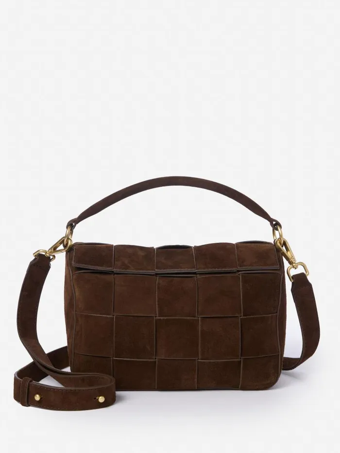 JMcLaughlin Deni Woven Suede Crossbody Dark Brown WomenMen Mini Totes and Crossbody Bags