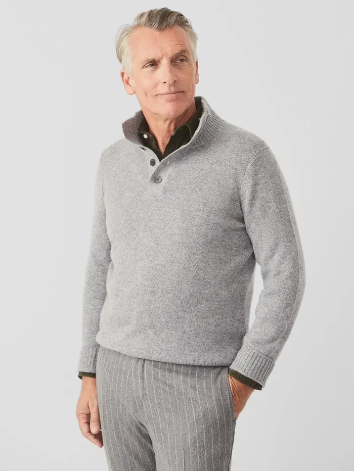 JMcLaughlin Mock Neck Cashmere Henley Sweater Light Heather Gray Men Sweaters