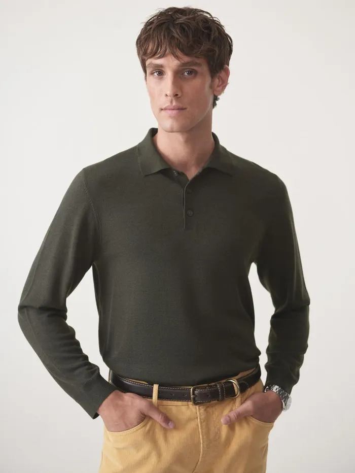 JMcLaughlin Savona Merino Wool and Silk Polo Sweater Olive Men Sweaters