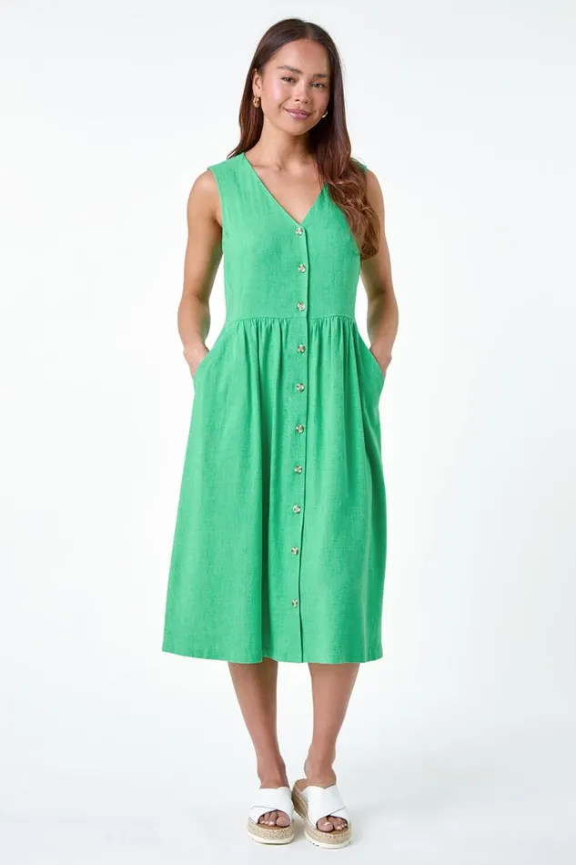 Jade Petite Linen Blend Pocket Button Midi Dress Women Roman Dresses