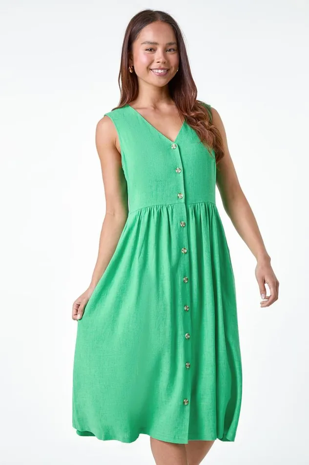 Jade Petite Linen Blend Pocket Button Midi Dress Women Roman Dresses