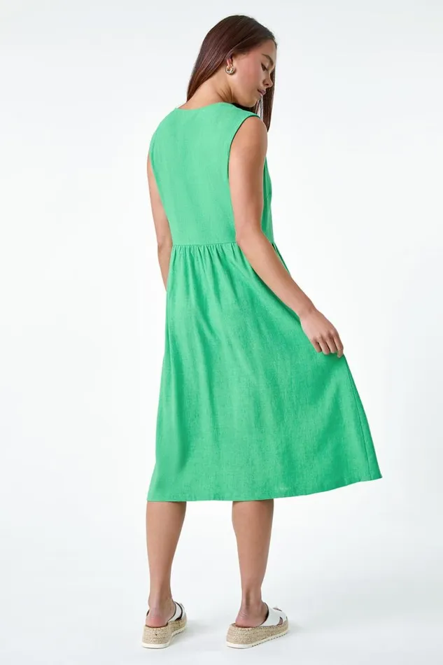 Jade Petite Linen Blend Pocket Button Midi Dress Women Roman Dresses