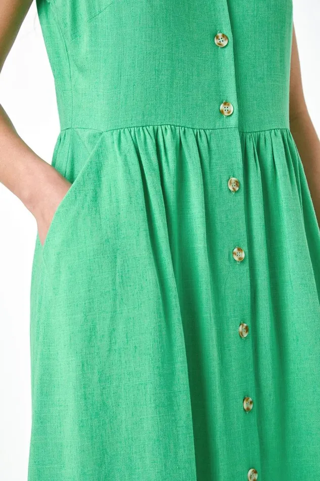 Jade Petite Linen Blend Pocket Button Midi Dress Women Roman Dresses