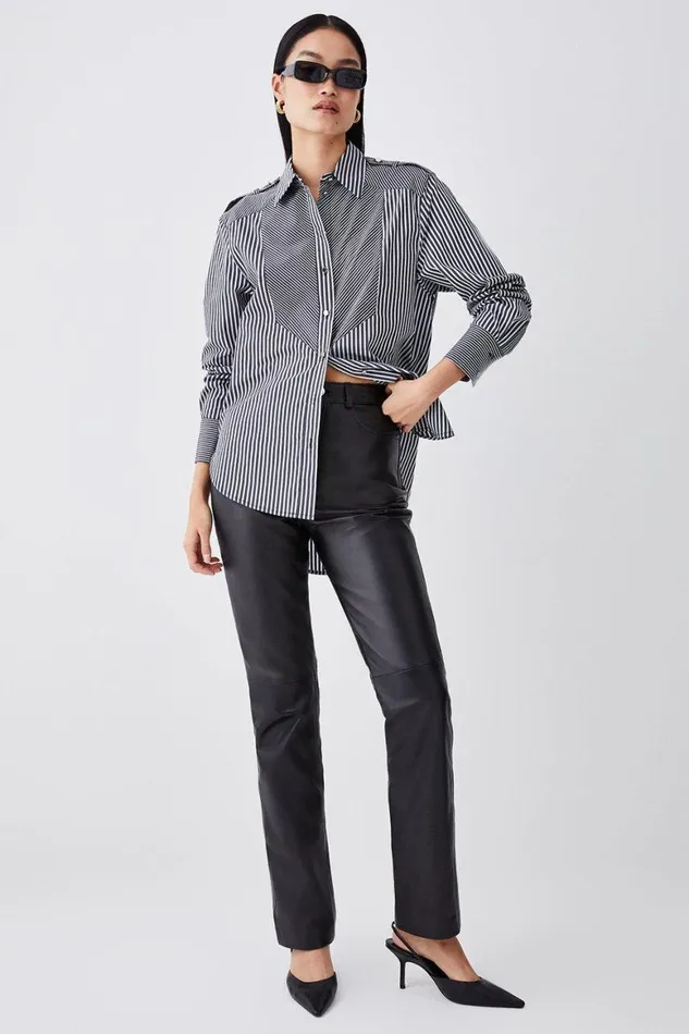 Jeans Women Karen Millen Leather Five Pocket Straight Leg Jeans Black