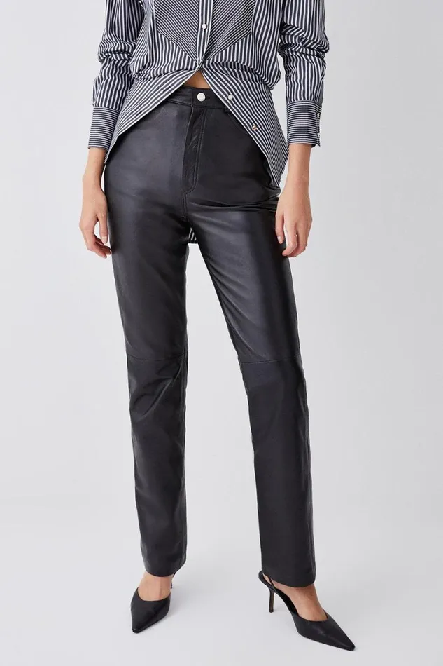 Jeans Women Karen Millen Leather Five Pocket Straight Leg Jeans Black