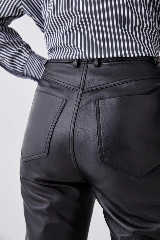 Jeans Women Karen Millen Leather Five Pocket Straight Leg Jeans Black