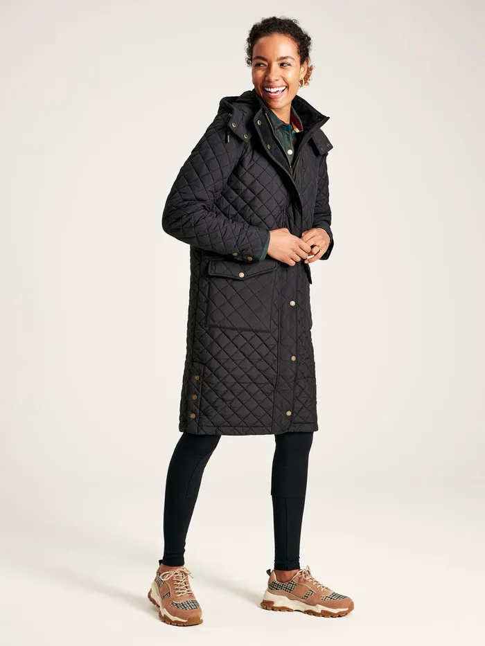Joules Coats and Jackets Black Showerproof Long Diamond Quilted Coat With Hood 8211 Women