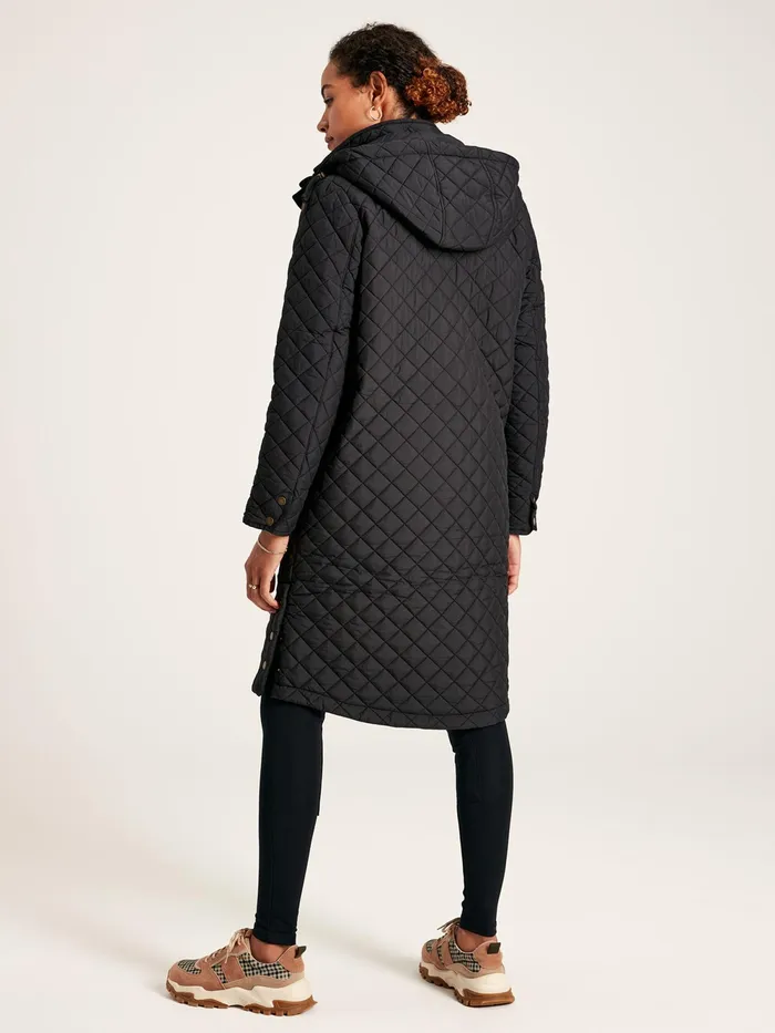 Joules Coats and Jackets Black Showerproof Long Diamond Quilted Coat With Hood 8211 Women