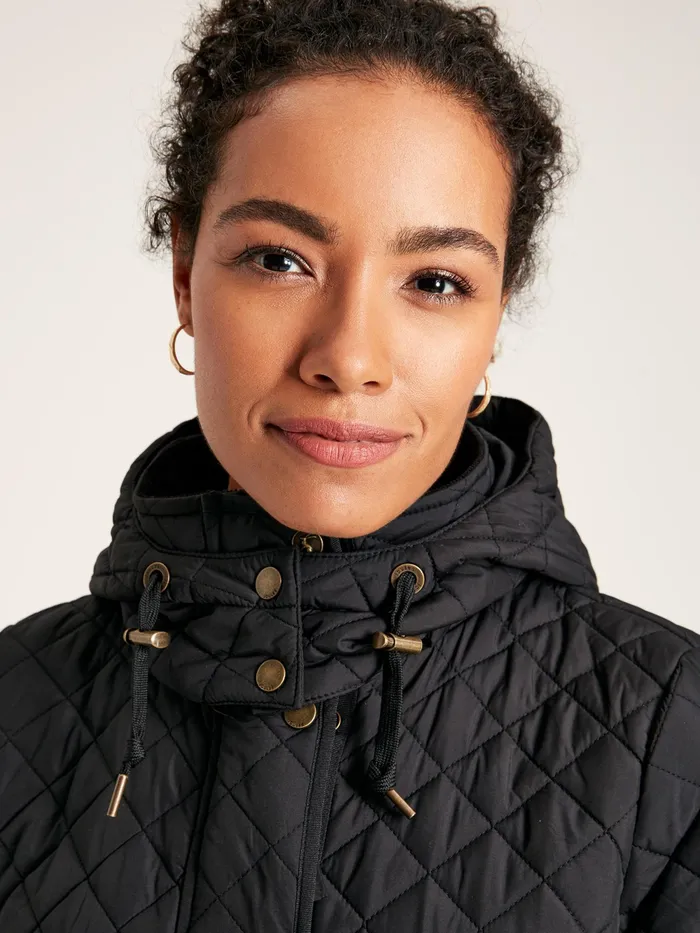 Joules Coats and Jackets Black Showerproof Long Diamond Quilted Coat With Hood 8211 Women