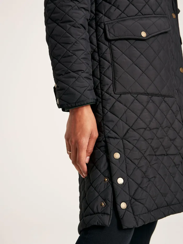 Joules Coats and Jackets Black Showerproof Long Diamond Quilted Coat With Hood 8211 Women
