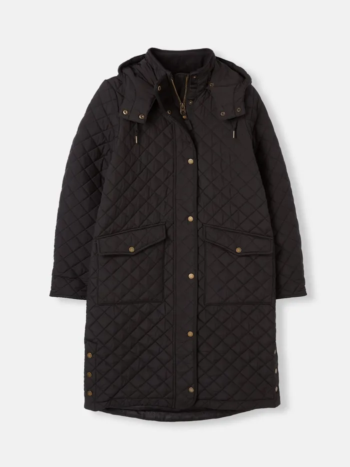 Joules Coats and Jackets Black Showerproof Long Diamond Quilted Coat With Hood 8211 Women