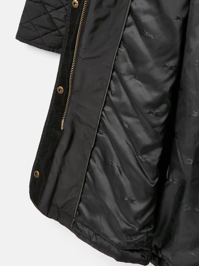 Joules Coats and Jackets Black Showerproof Long Diamond Quilted Coat With Hood 8211 Women