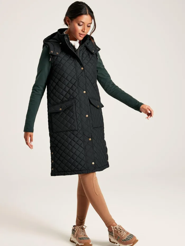 Joules Gilets Black Showerproof Long Diamond Quilted Gilet With Hood 8211 Women