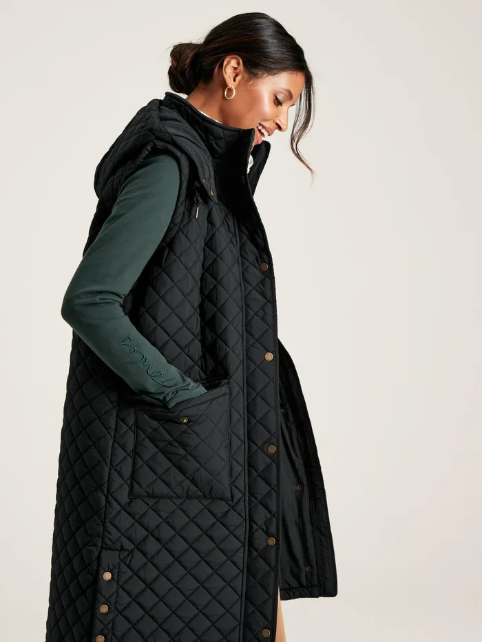 Joules Gilets Black Showerproof Long Diamond Quilted Gilet With Hood 8211 Women