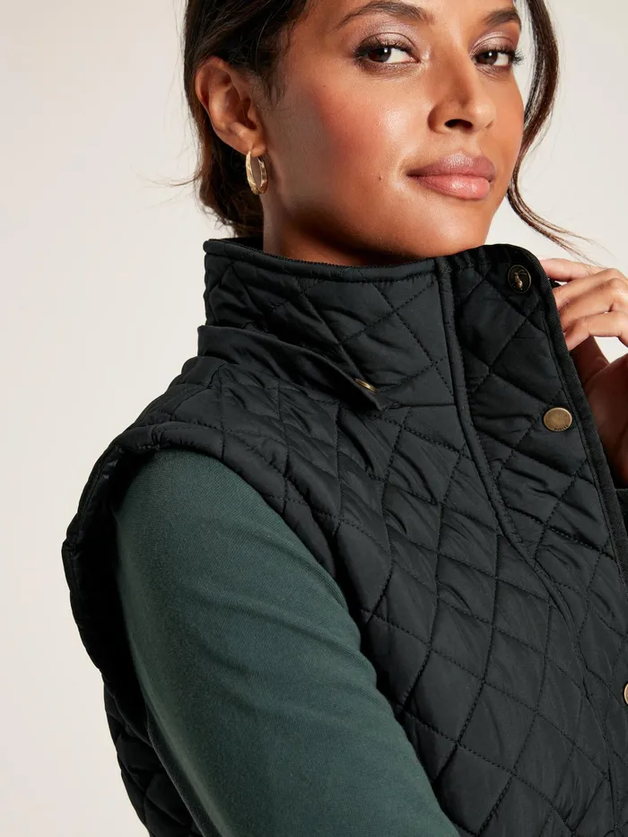 Joules Gilets Black Showerproof Long Diamond Quilted Gilet With Hood 8211 Women