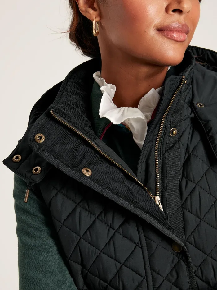 Joules Gilets Black Showerproof Long Diamond Quilted Gilet With Hood 8211 Women