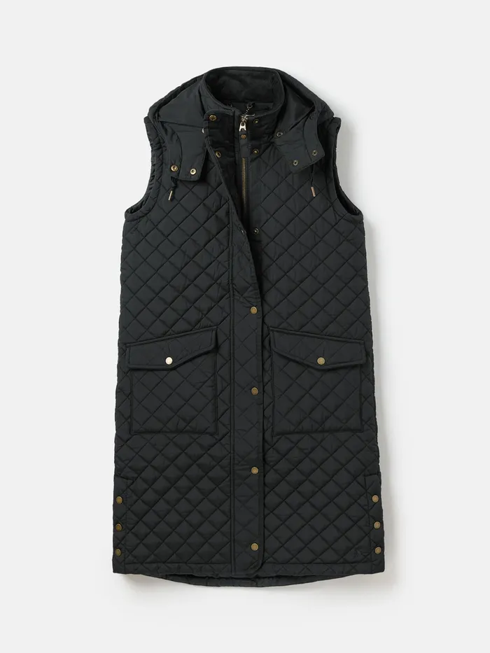 Joules Gilets Black Showerproof Long Diamond Quilted Gilet With Hood 8211 Women
