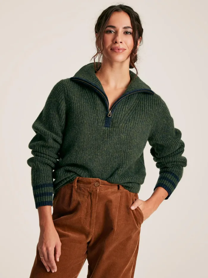 Joules Knitwear Dark Green Quarter Zip Rib Knit Jumper 8211 Women