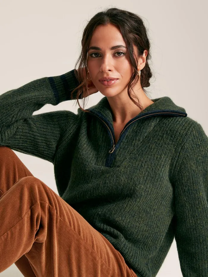 Joules Knitwear Dark Green Quarter Zip Rib Knit Jumper 8211 Women
